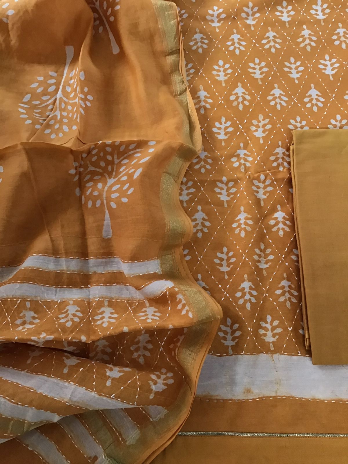 Pure Chanderi Printed Embroidered Suit - Orange