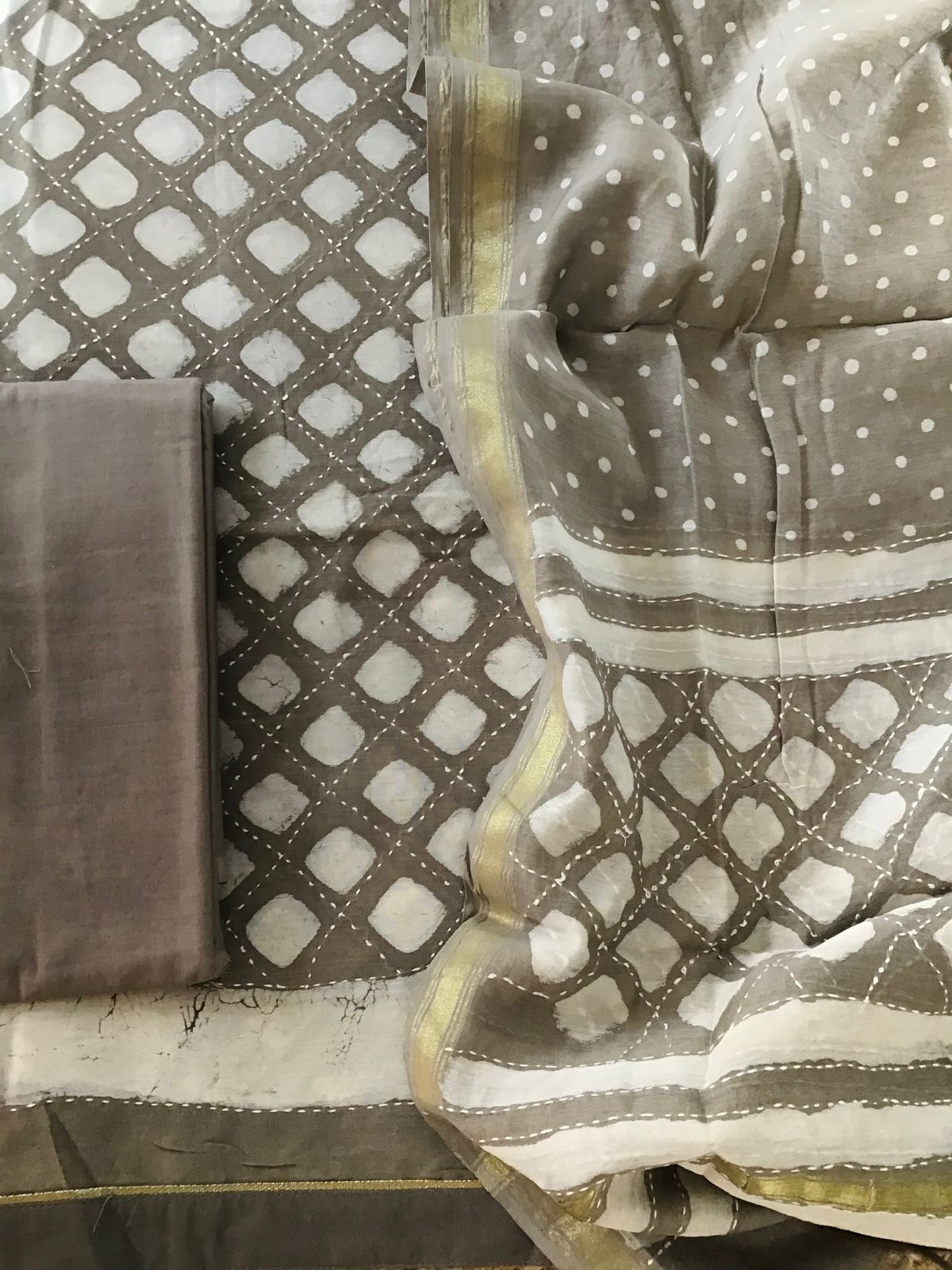 Pure Chanderi Printed Embroidered Suit - Beigish Grey