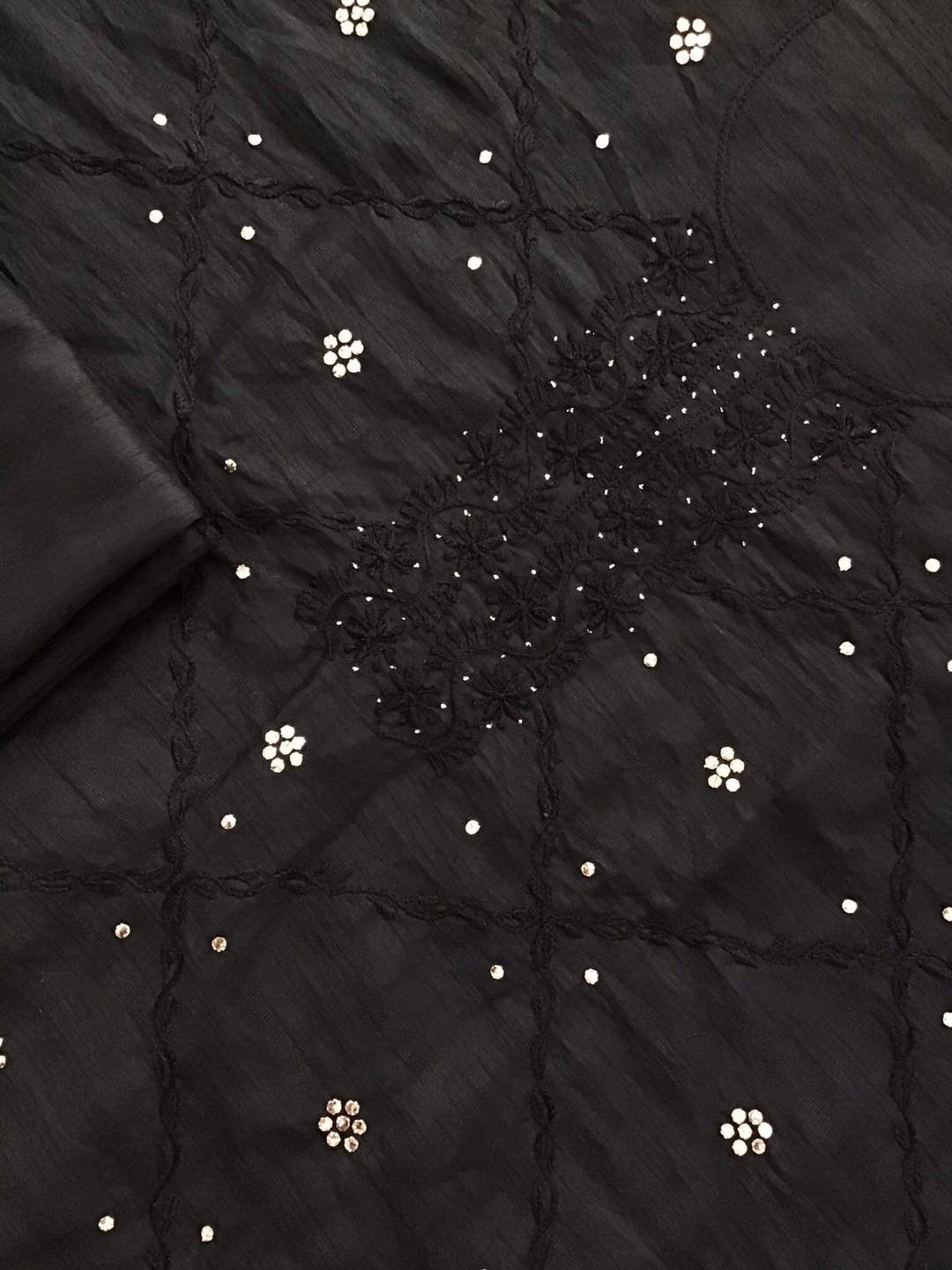 Pure Bhagalpuri Silk Chikankari Embroidered Suit - Black