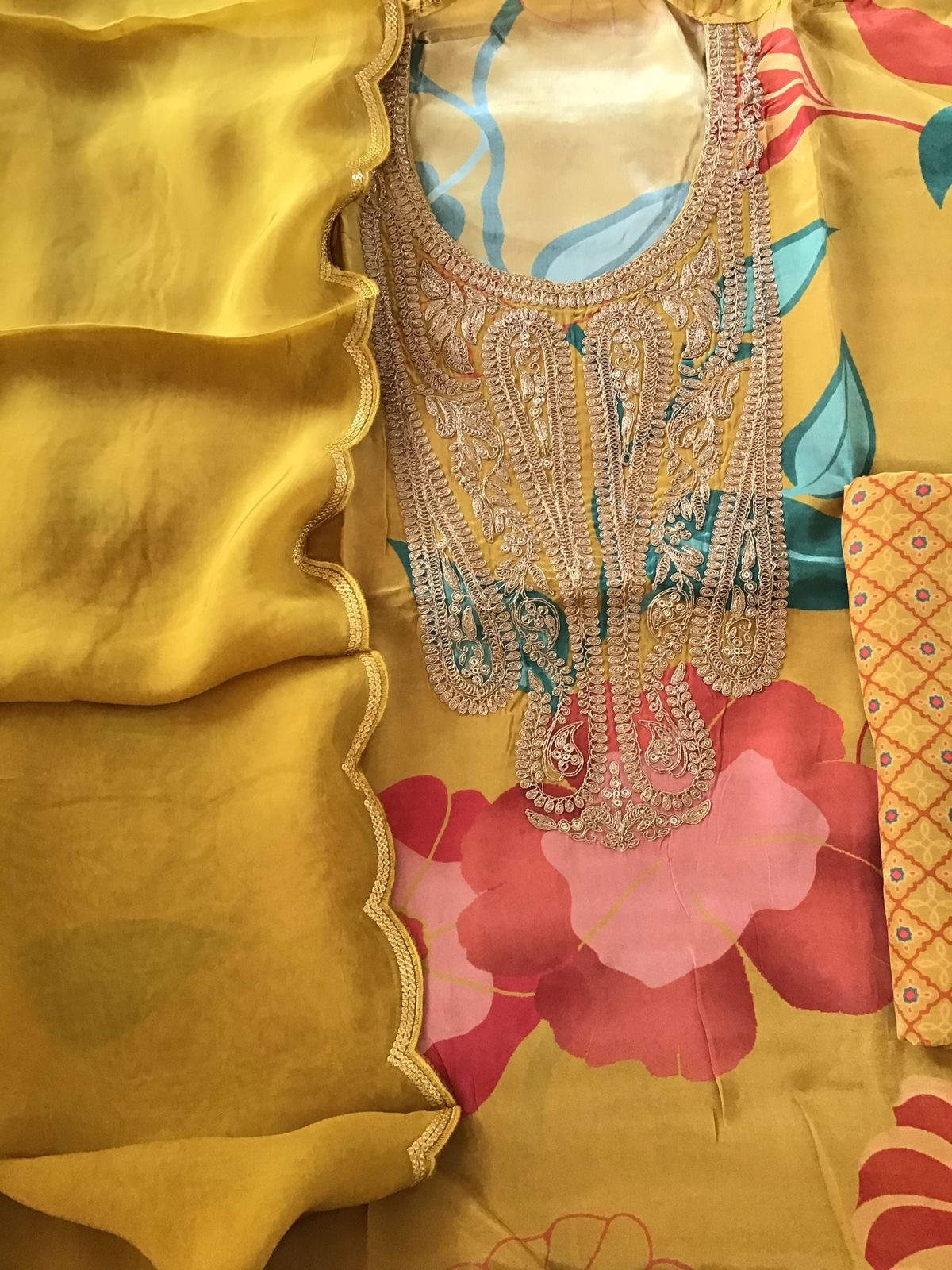 Pure Muslin Silk Printed Embroidered Suit - Yellow