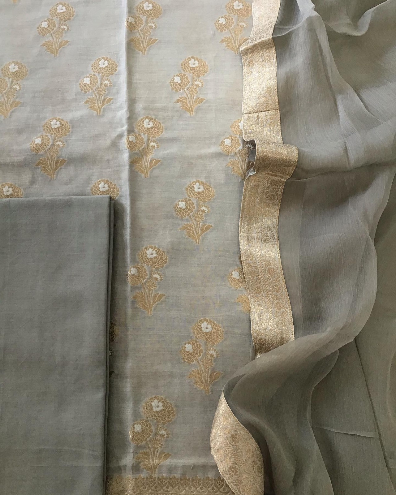 Pure Chanderi Silk Banarasi Weaved Suit - Grey