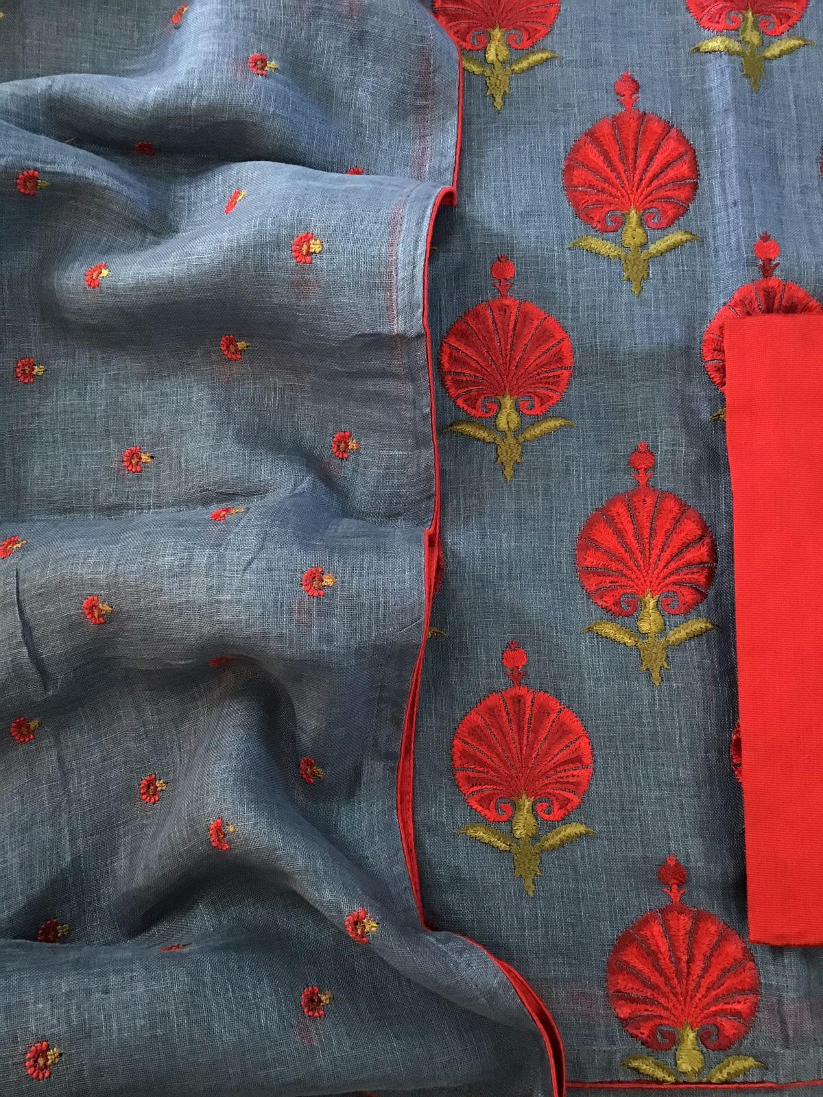 Pure Linen Jute Cotton Embroidered Suit - Grey