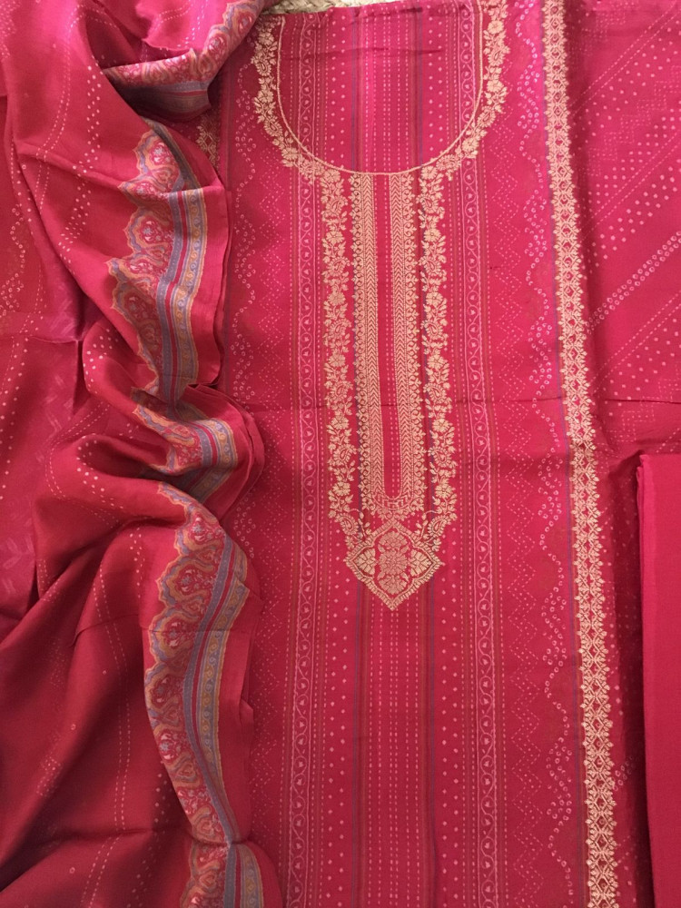 Image of Pure Upada Silk Printed Banarasi Weaved Suit - Pink