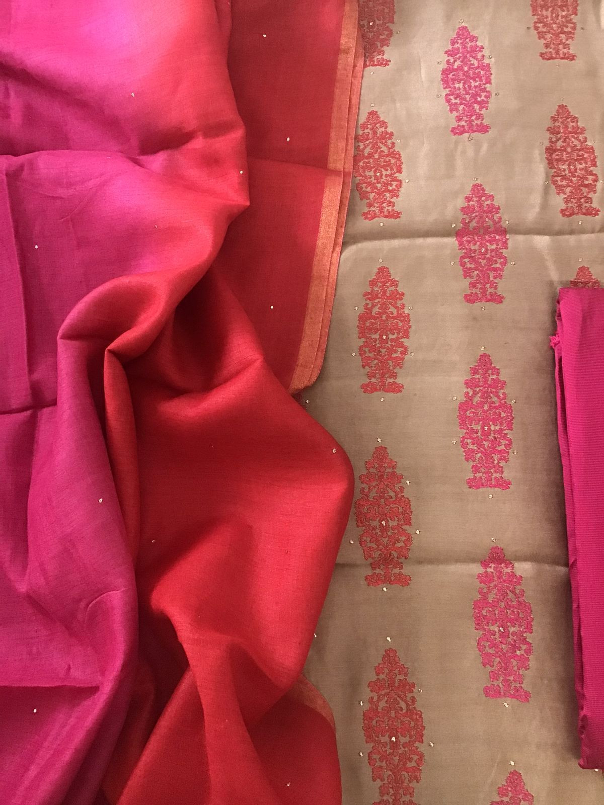 Pure Muslin Silk Embroidered Suit - Beige