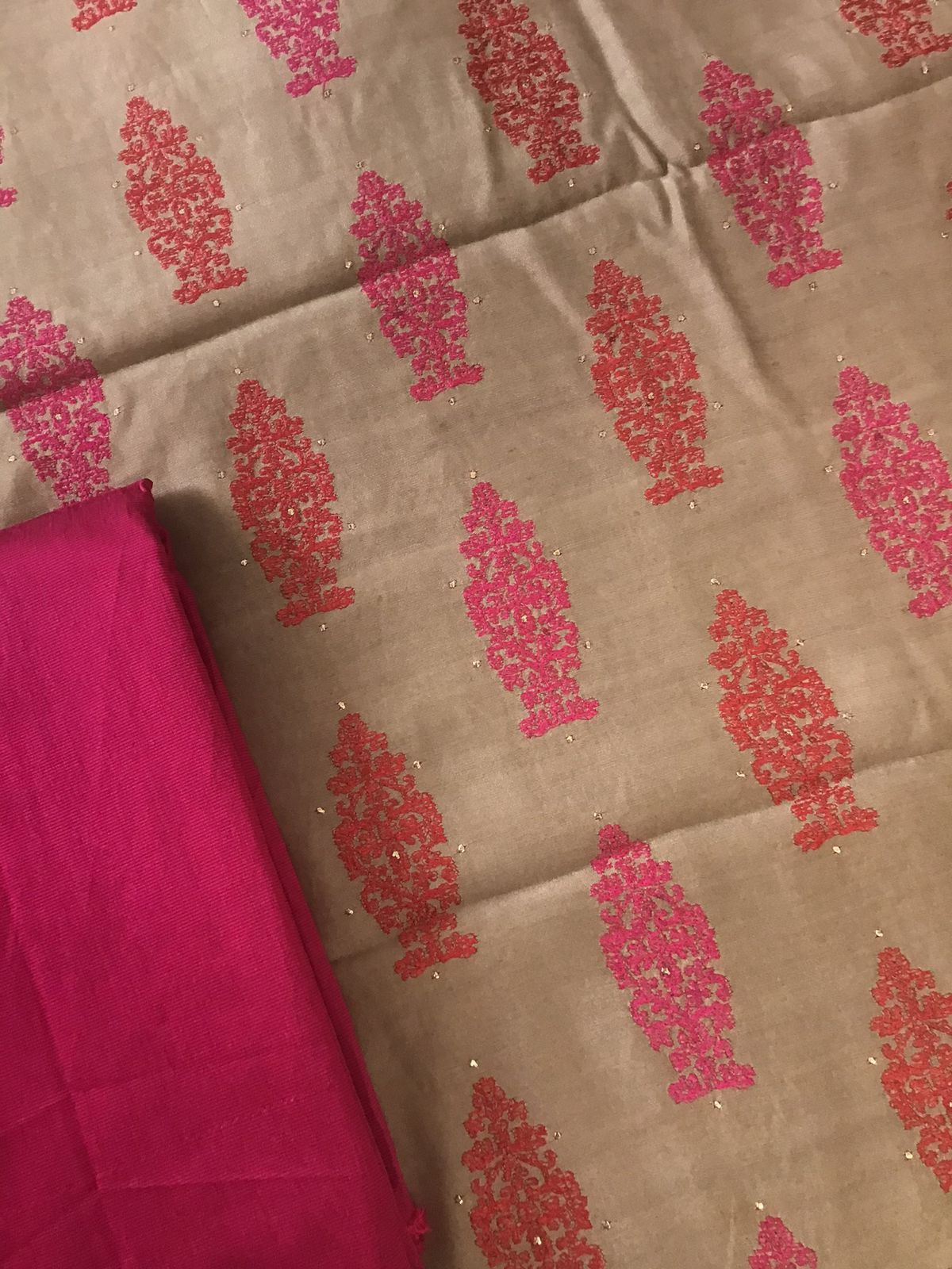 Pure Muslin Silk Embroidered Suit - Beige