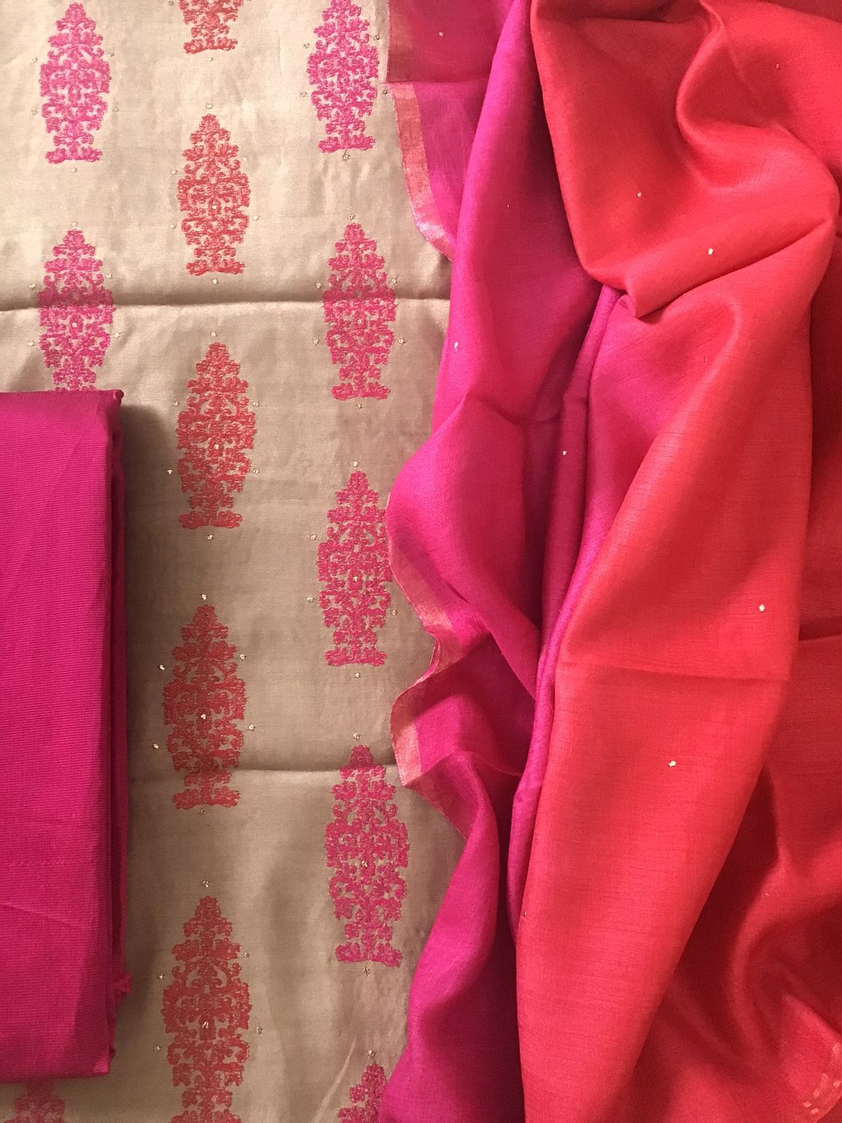 Pure Muslin Silk Embroidered Suit - Beige