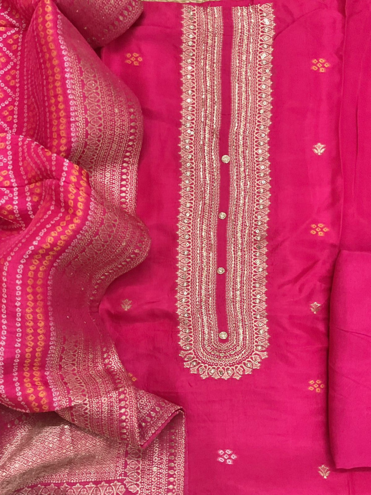 Image of Soft Dola Silk Printed Banarasi Weaved Embroidered Suit - Pink