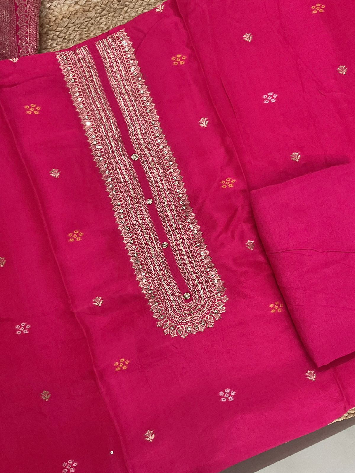 Soft Dola Silk Printed Banarasi Weaved Embroidered Suit - Pink