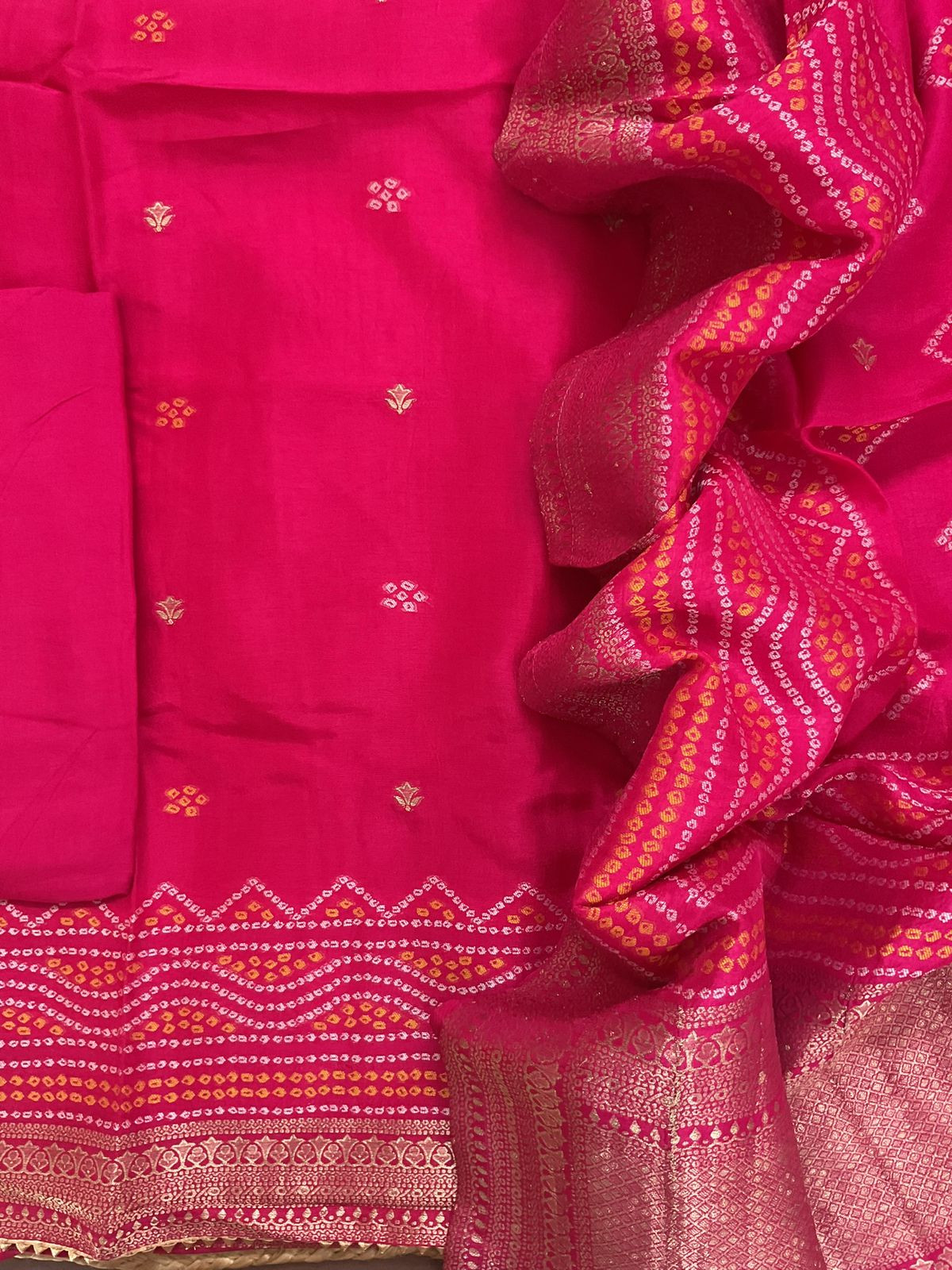 Soft Dola Silk Printed Banarasi Weaved Embroidered Suit - Pink