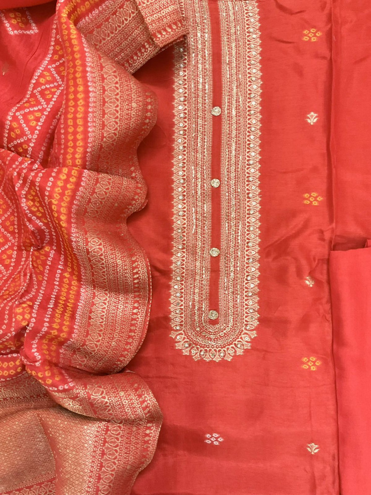 Image of Soft Dola Silk Printed Banarasi Weaved Embroidered Suit - Orange
