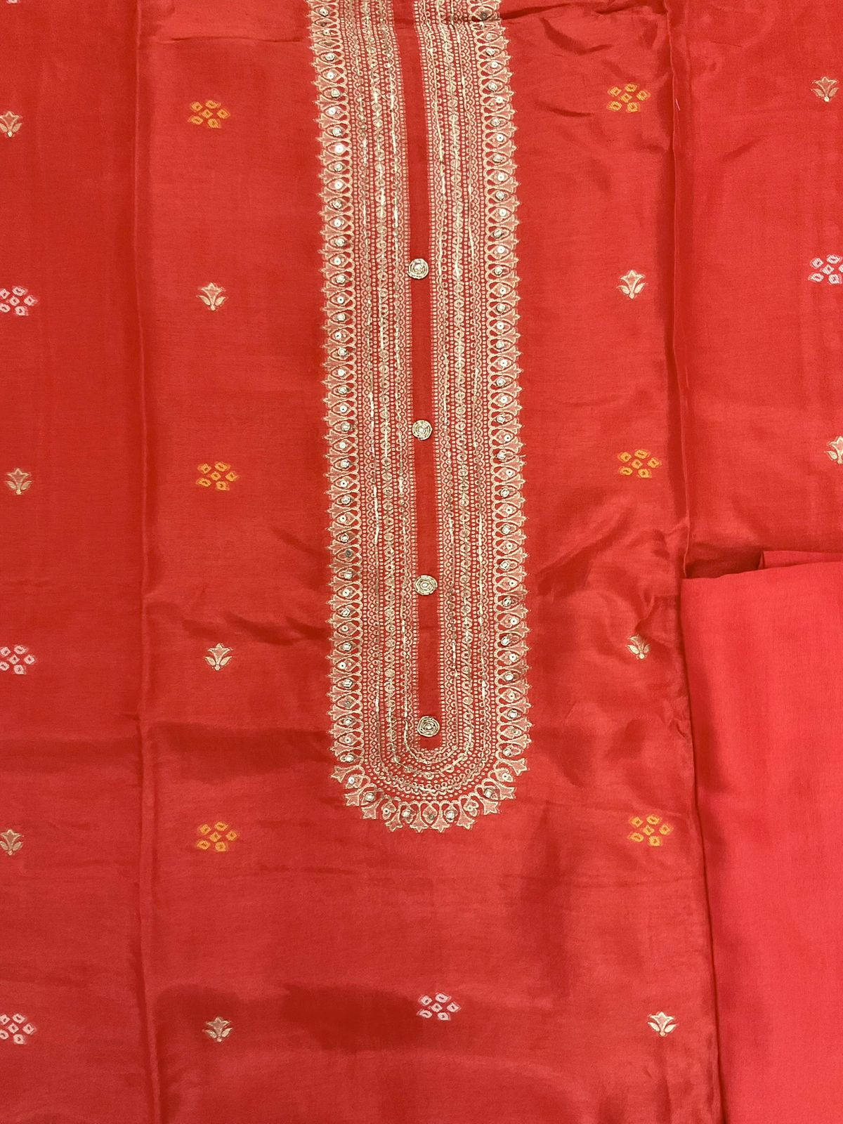 Soft Dola Silk Printed Banarasi Weaved Embroidered Suit - Orange