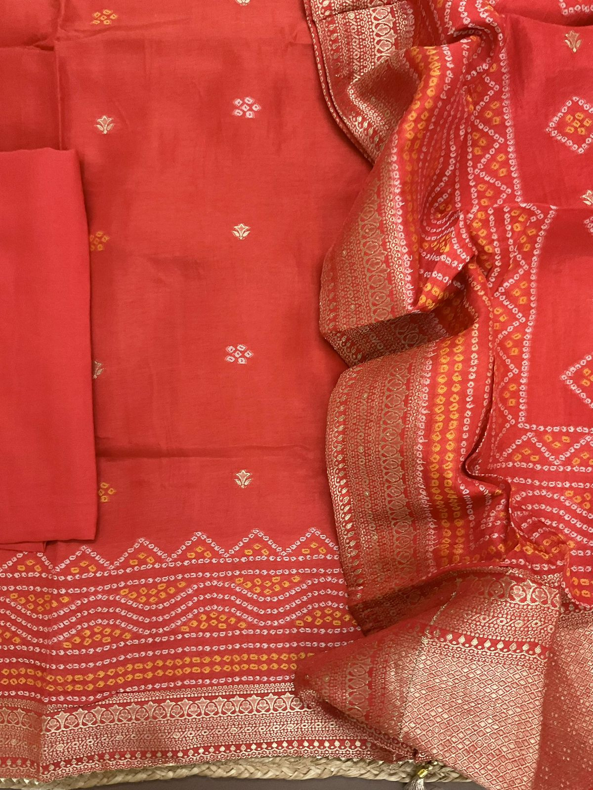 Soft Dola Silk Printed Banarasi Weaved Embroidered Suit - Orange