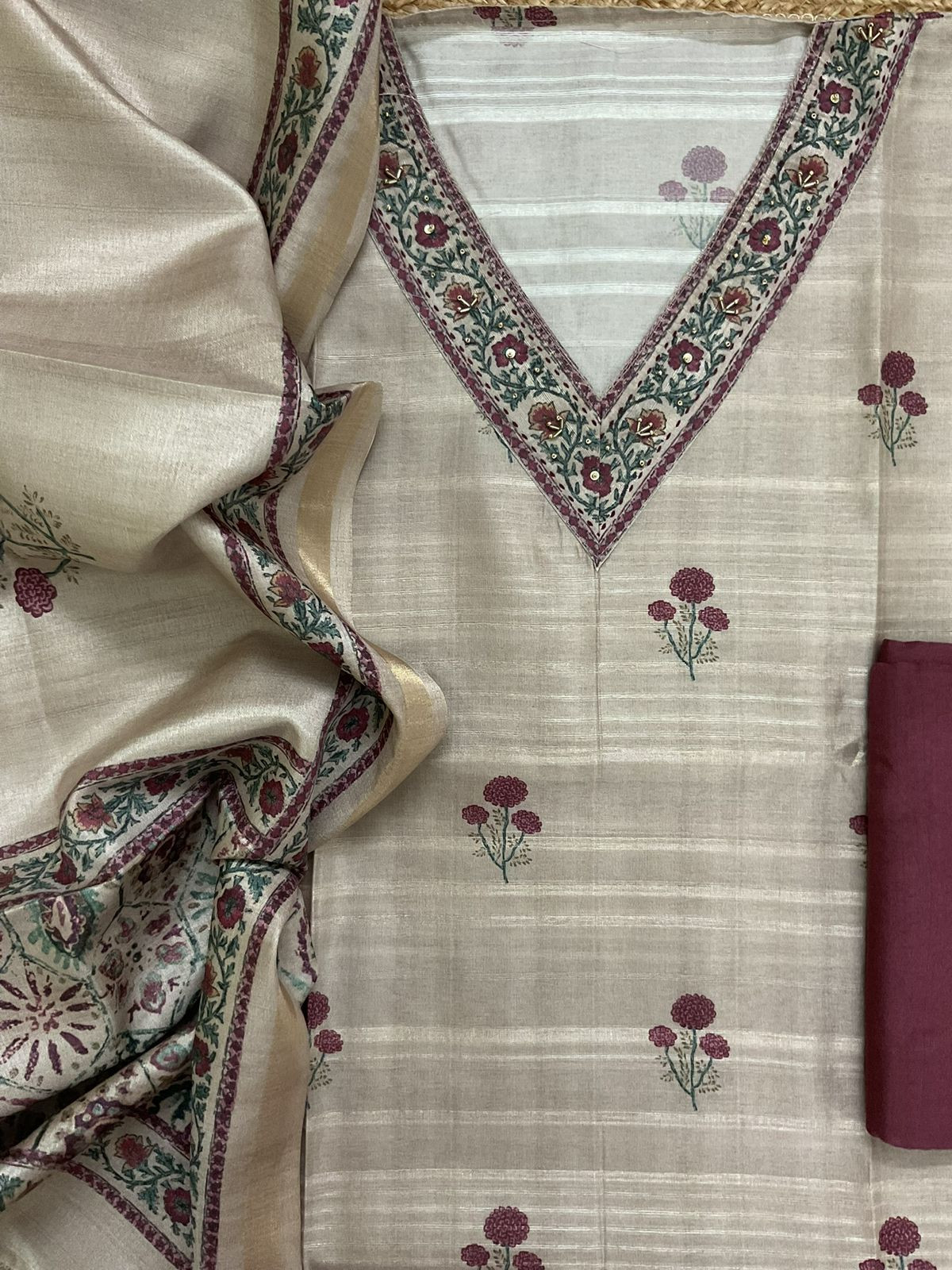 Soft Semi Tussar Silk Printed Embroidered Suit - Beige