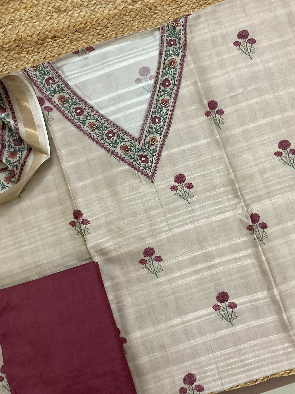 Soft Semi Tussar Silk Printed Embroidered Suit - Beige