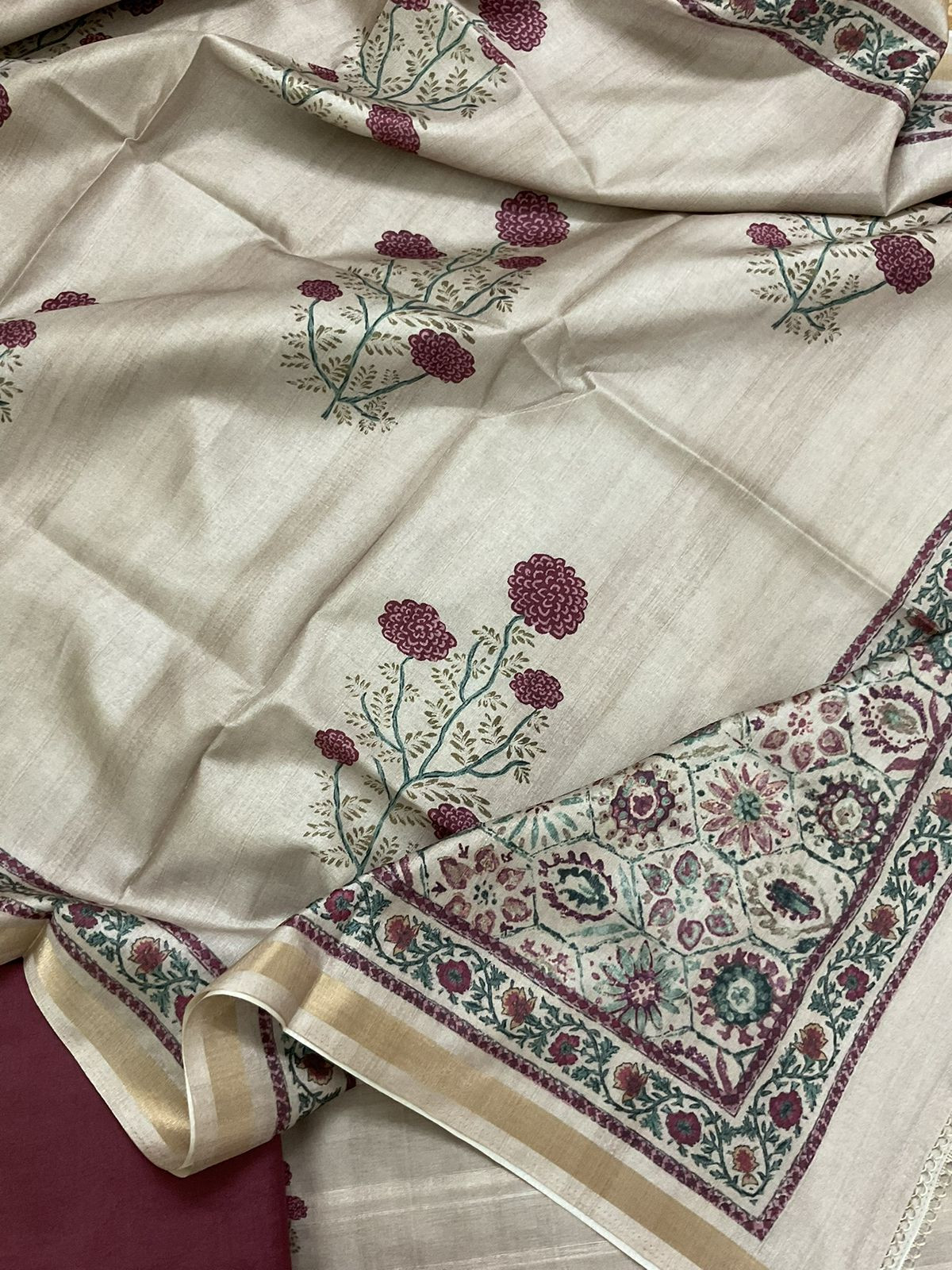 Soft Semi Tussar Silk Printed Embroidered Suit - Beige