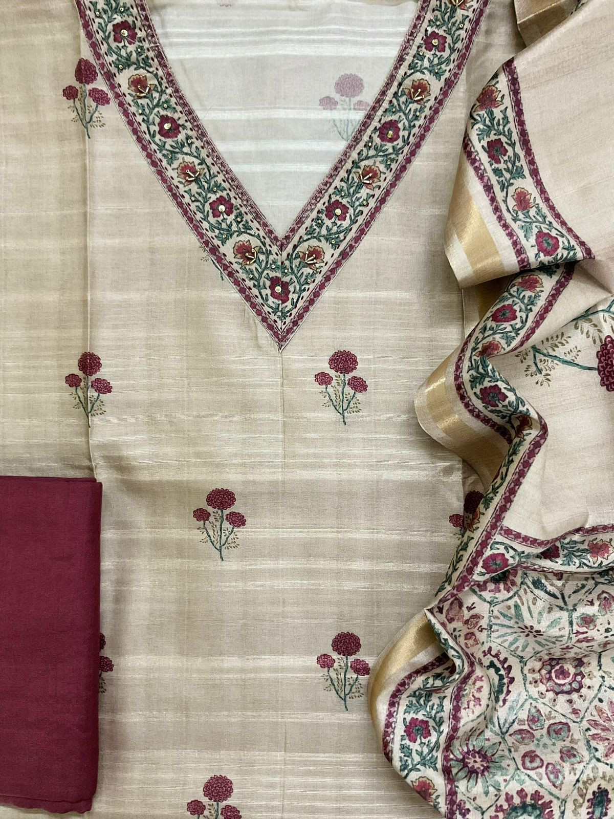 Soft Semi Tussar Silk Printed Embroidered Suit - Beige