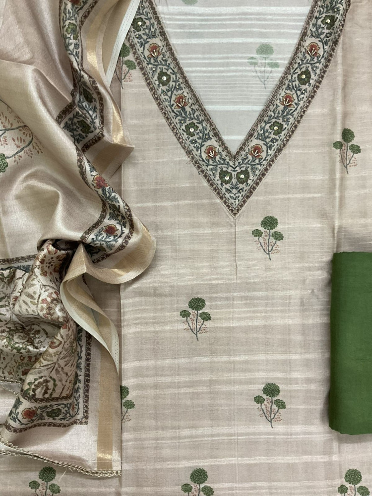 Image of Soft Semi Tussar Silk Printed Embroidered Suit - Beige