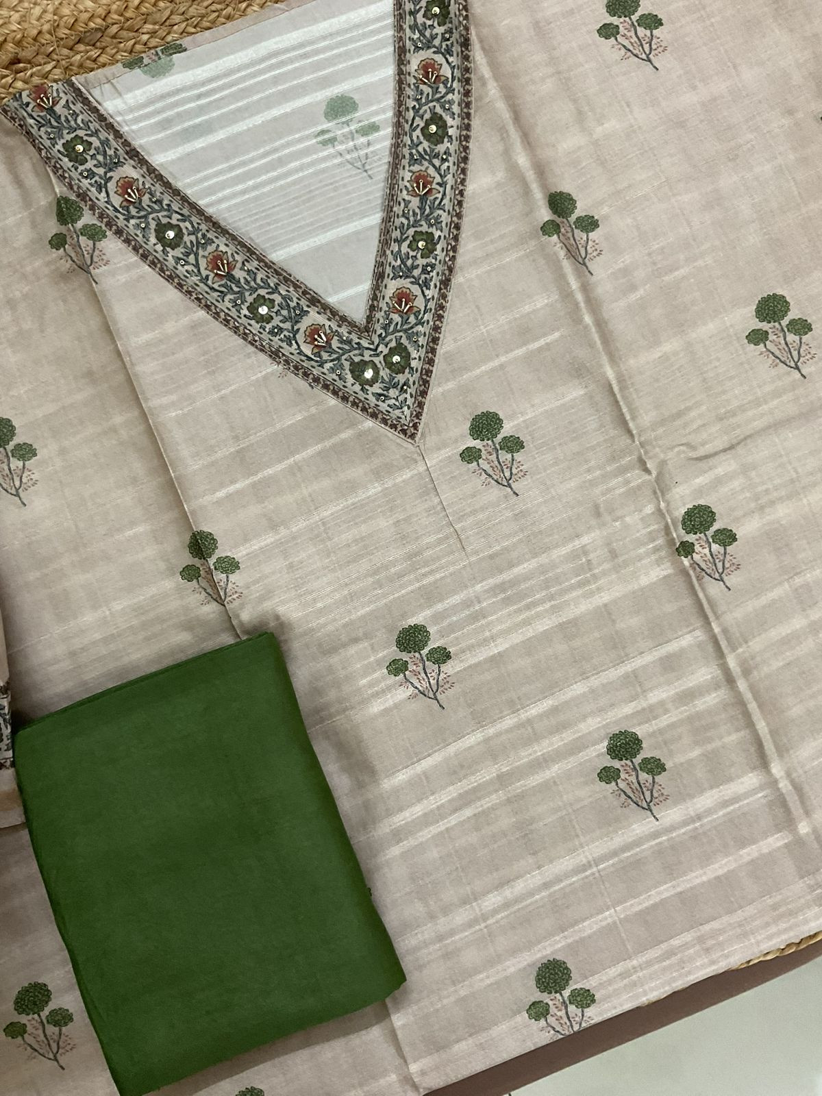 Soft Semi Tussar Silk Printed Embroidered Suit - Beige