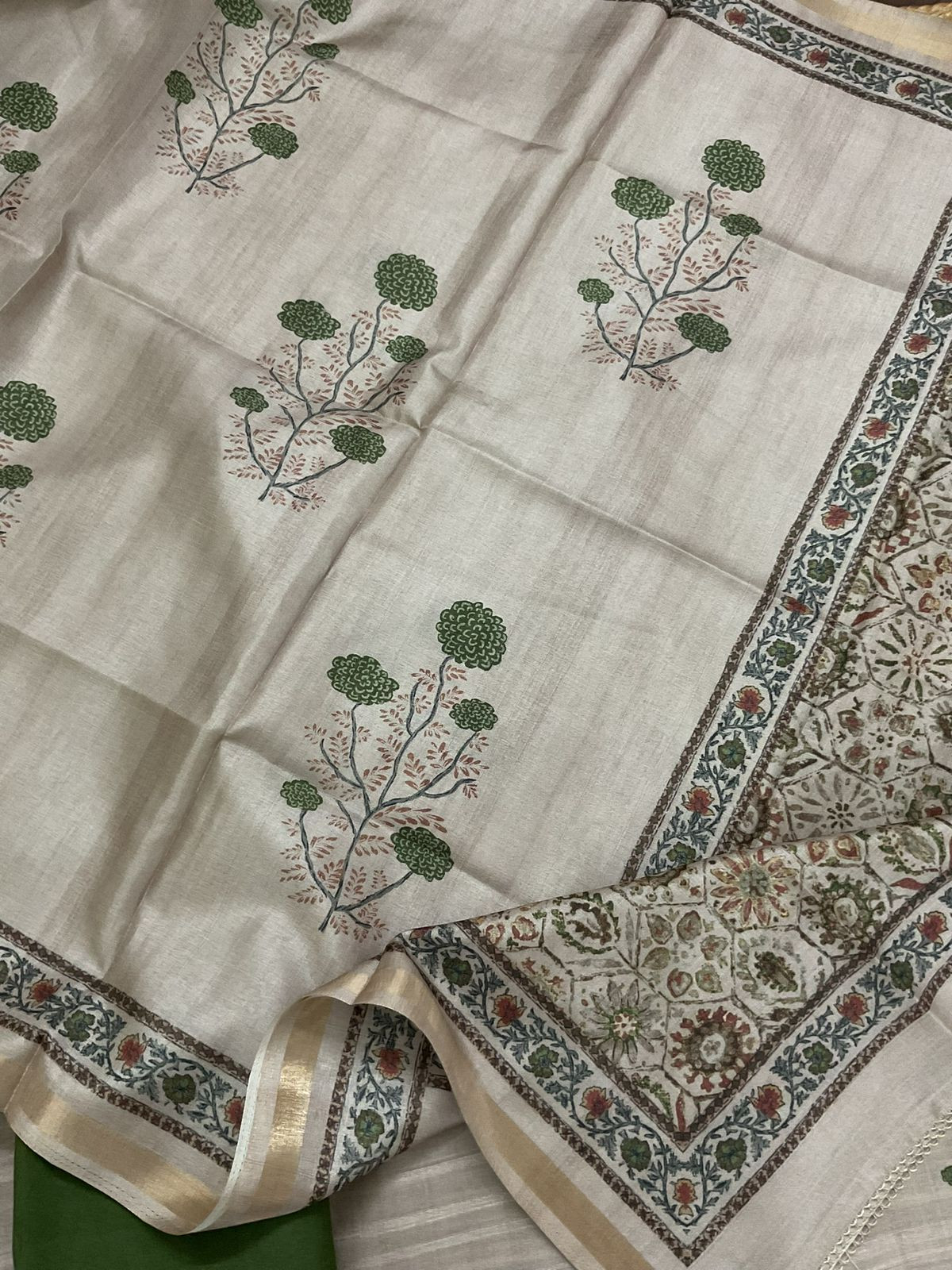 Soft Semi Tussar Silk Printed Embroidered Suit - Beige