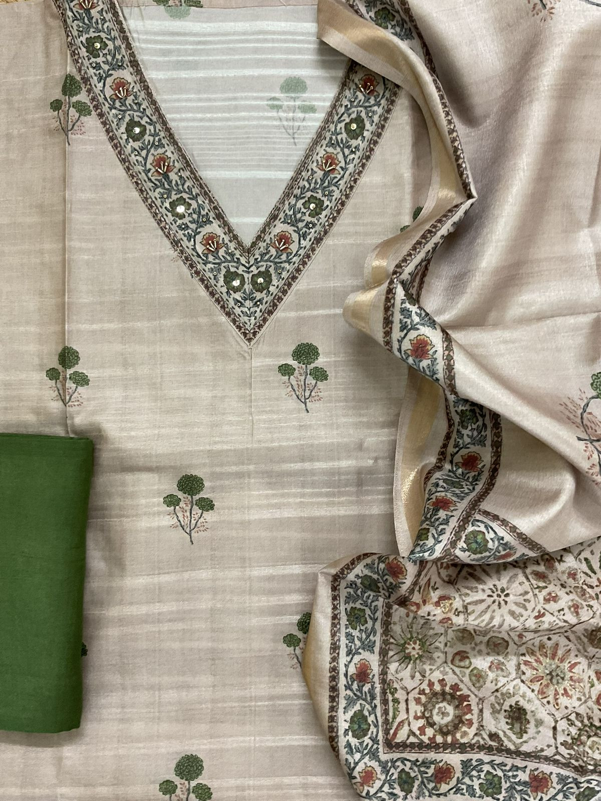 Soft Semi Tussar Silk Printed Embroidered Suit - Beige