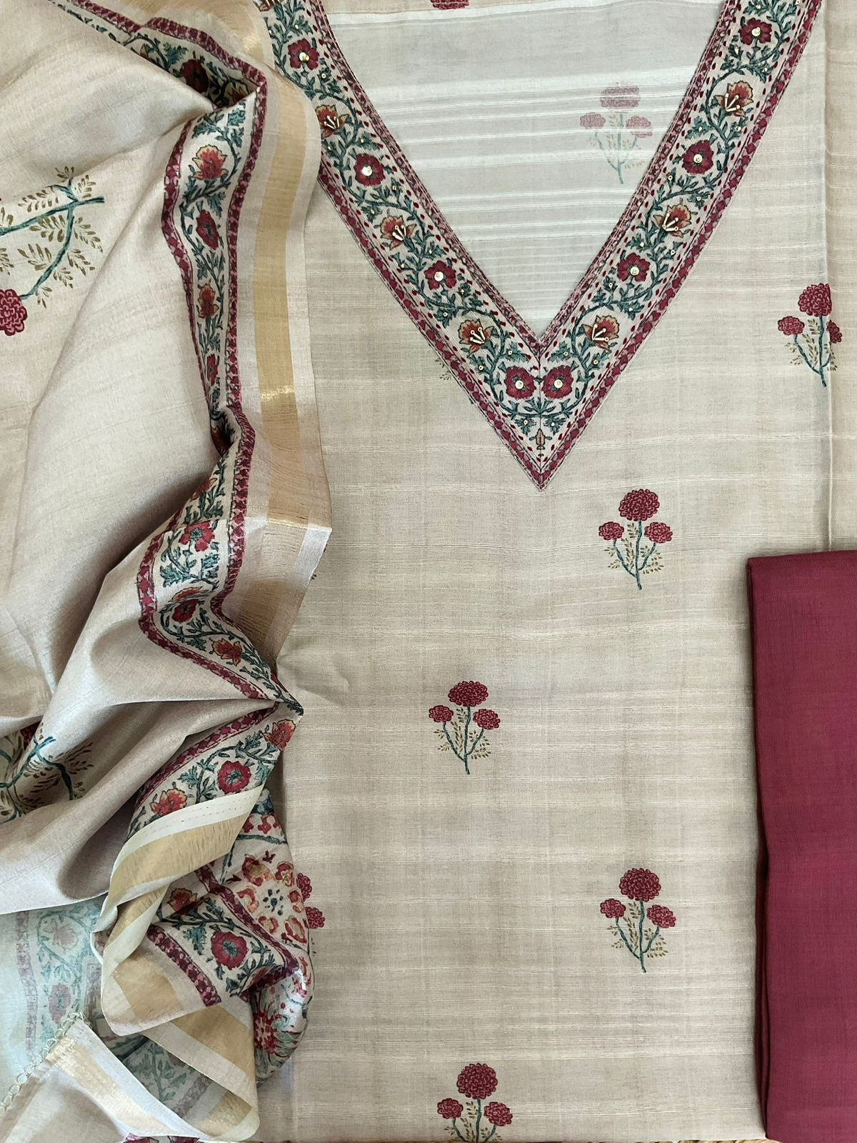 Soft Semi Tussar Silk Printed Embroidered Suit - Beige