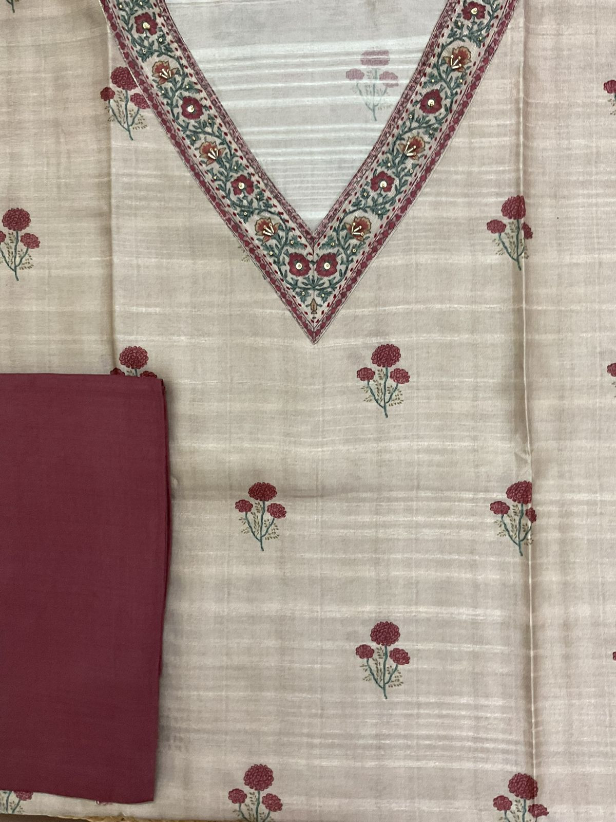 Soft Semi Tussar Silk Printed Embroidered Suit - Beige