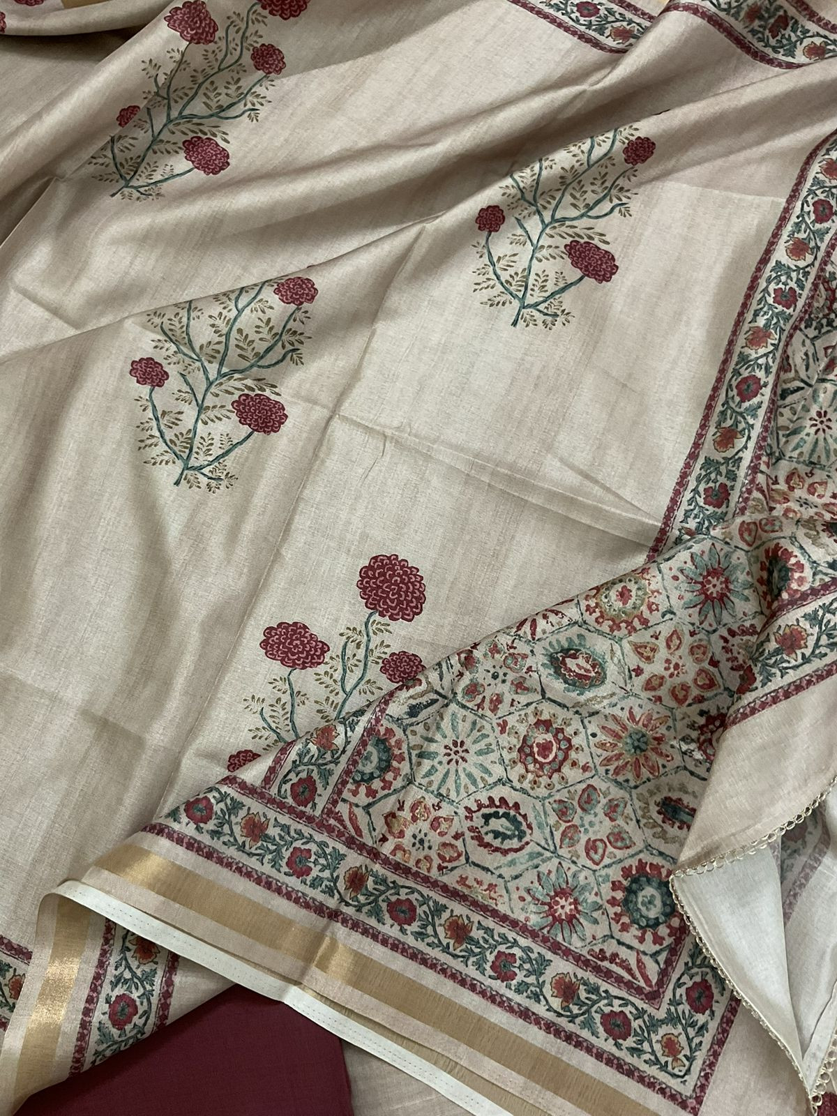Soft Semi Tussar Silk Printed Embroidered Suit - Beige