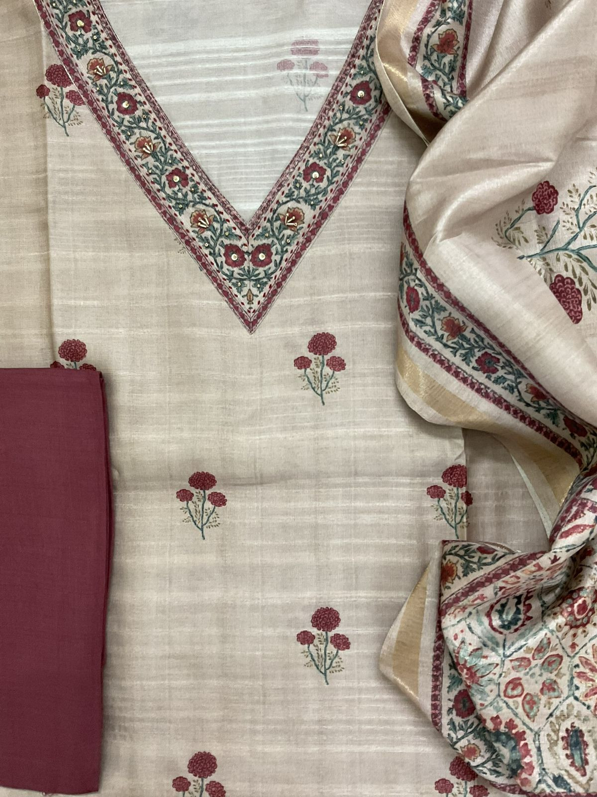 Soft Semi Tussar Silk Printed Embroidered Suit - Beige