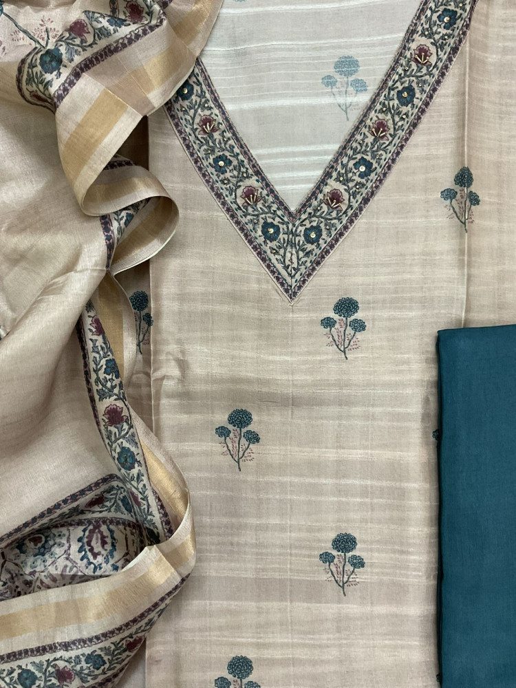 Image of Soft Semi Tussar Silk Printed Embroidered Suit - Beige