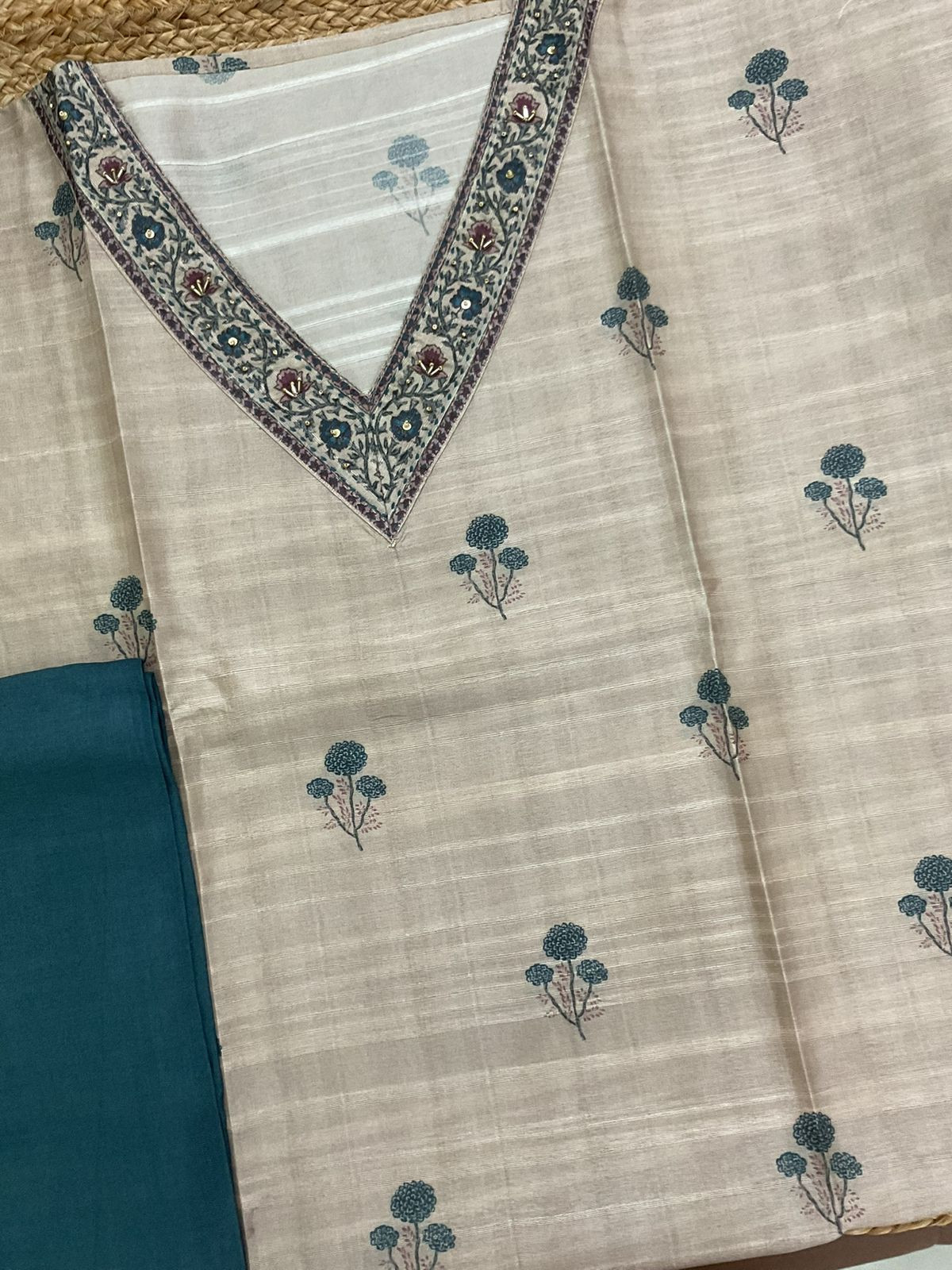 Soft Semi Tussar Silk Printed Embroidered Suit - Beige