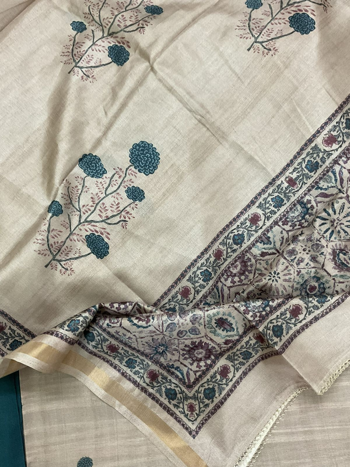 Soft Semi Tussar Silk Printed Embroidered Suit - Beige
