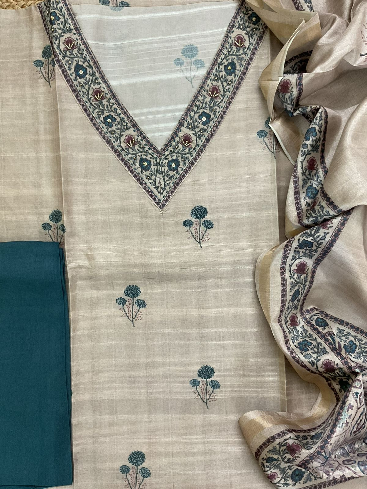 Soft Semi Tussar Silk Printed Embroidered Suit - Beige
