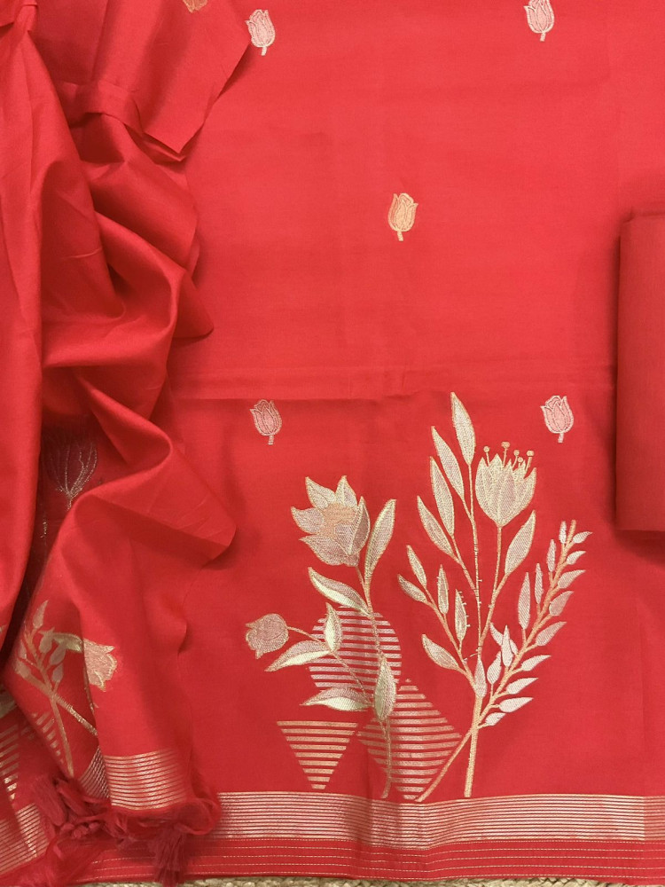 Image of Soft Kora Chanderi Jamdani Weaved Suit - Organish Red