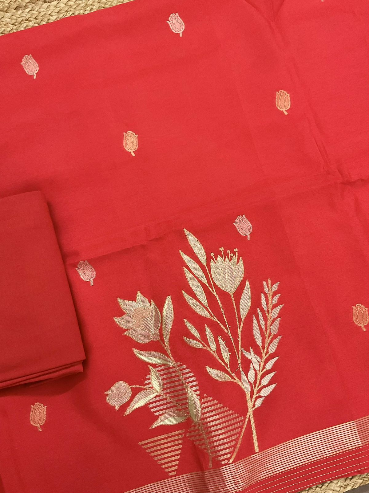 Soft Kora Chanderi Jamdani Weaved Suit - Organish Red