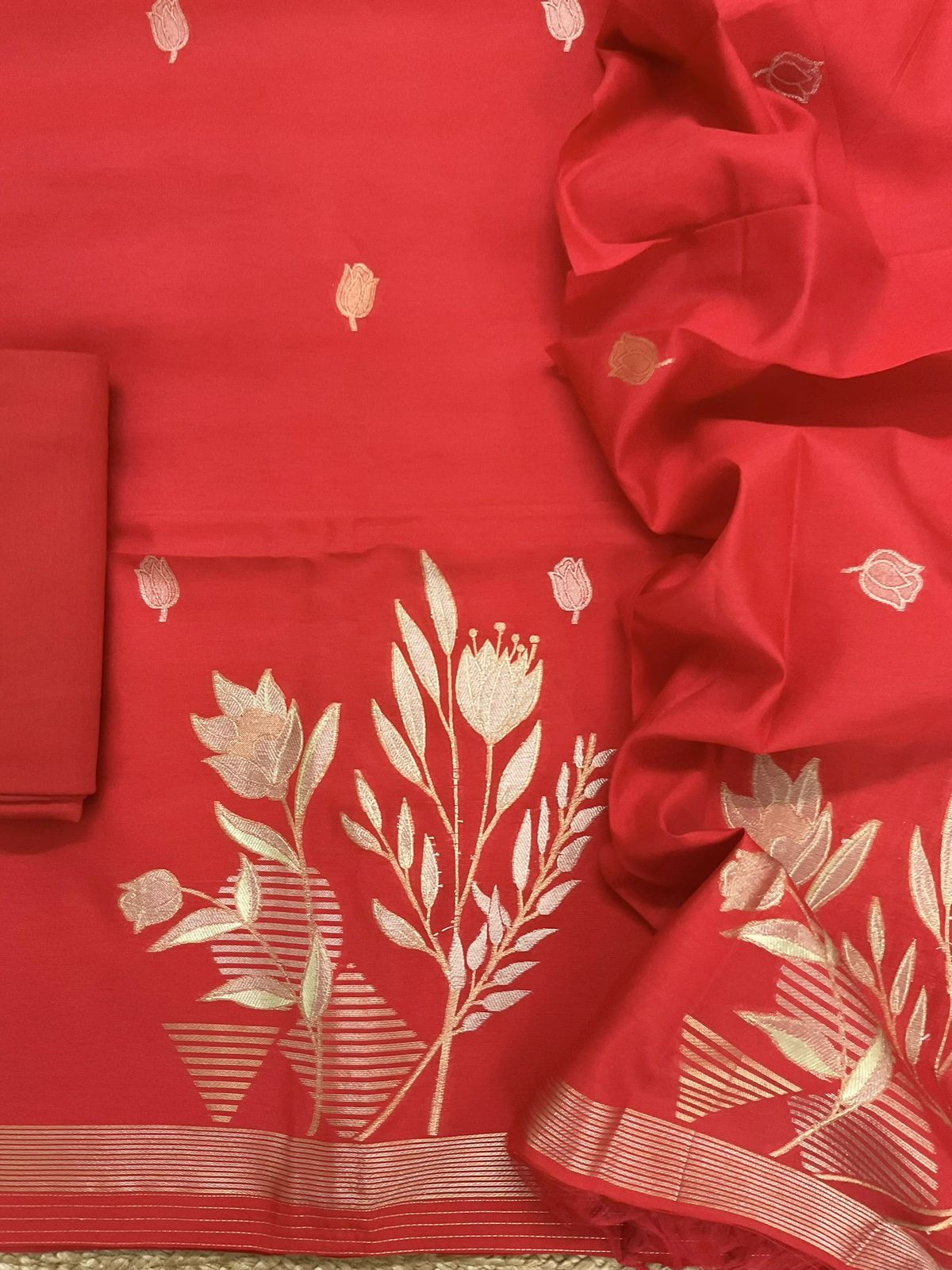 Soft Kora Chanderi Jamdani Weaved Suit - Organish Red