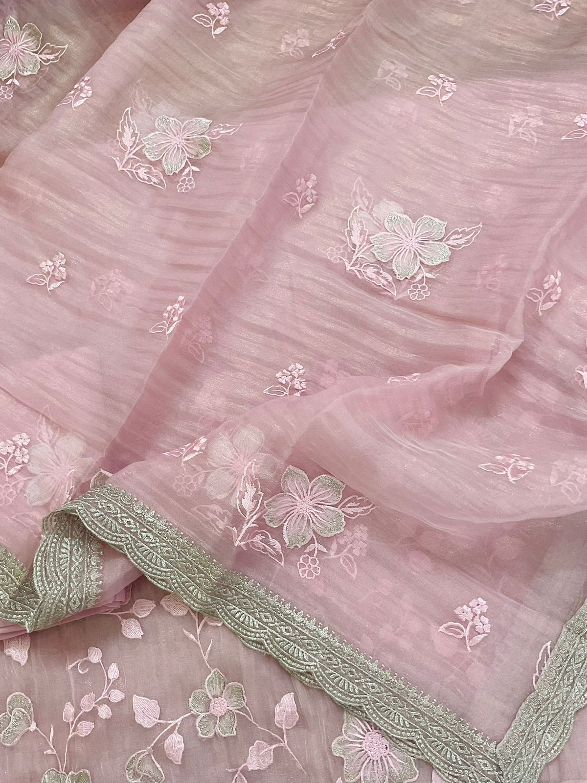 Soft Crushed Tissue Embroidered Suit - Pink