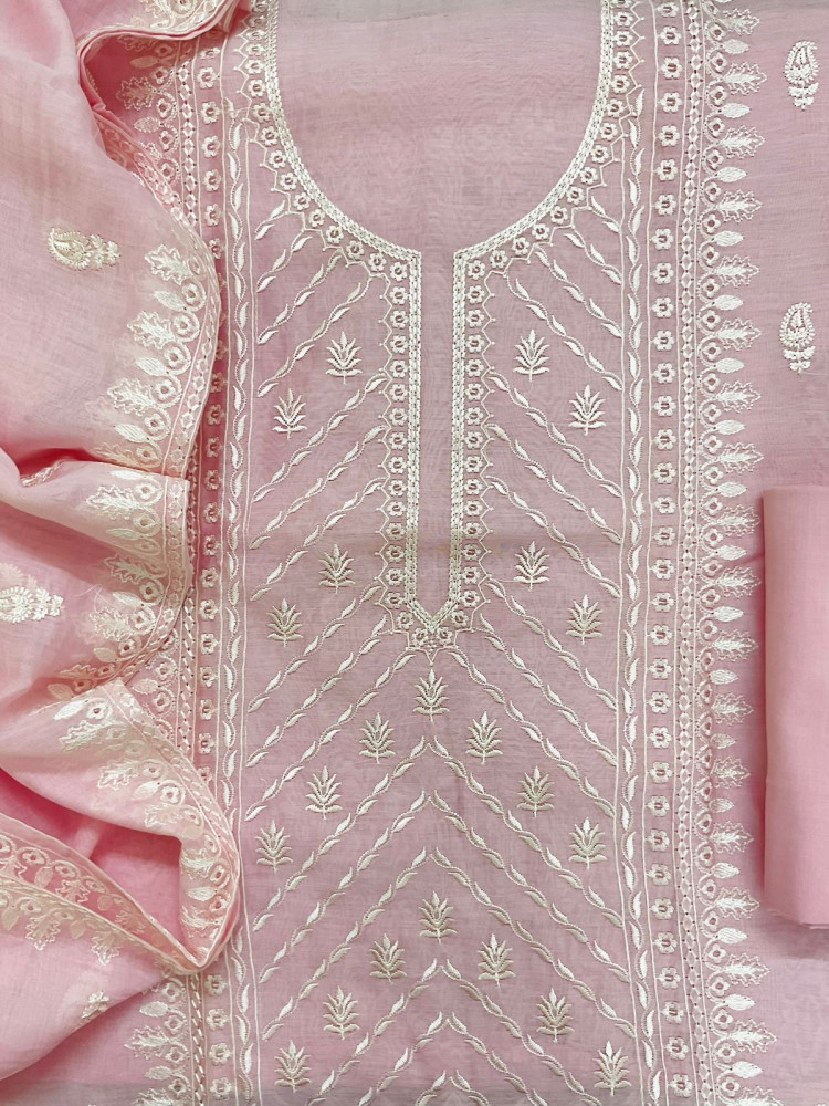 Image of Pure Mul Chanderi Embroidered Suit - Pink