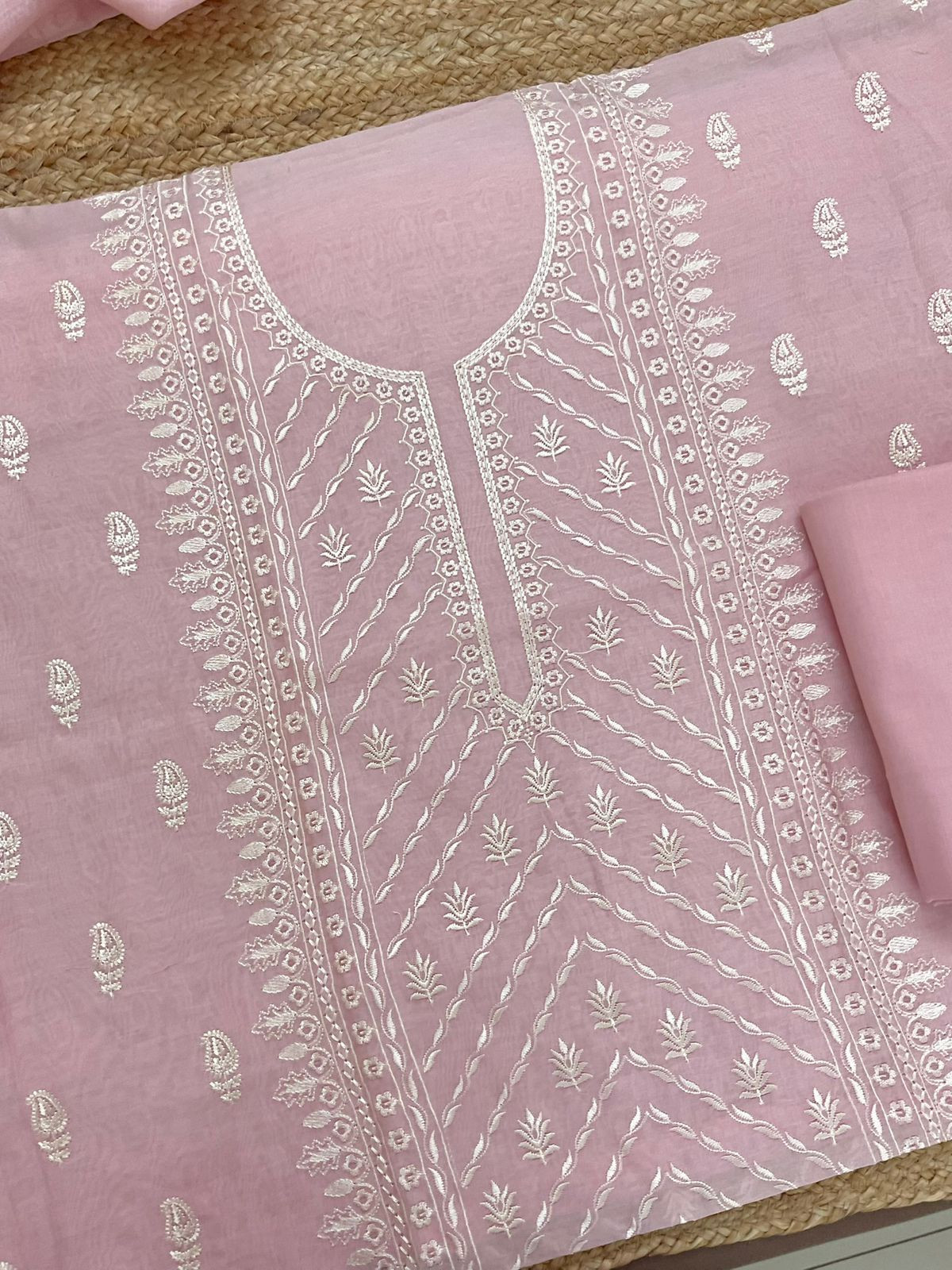 Pure Mul Chanderi Embroidered Suit - Pink