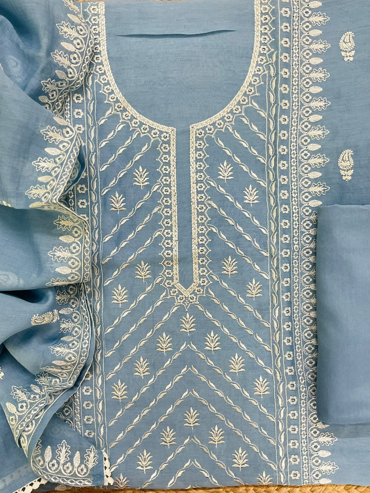 Pure Mul Chanderi Embroidered Suit - Blue