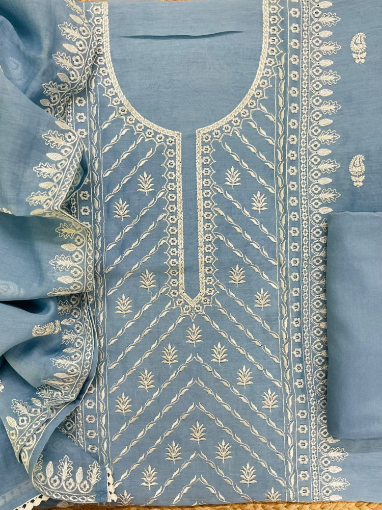 Image of Pure Mul Chanderi Embroidered Suit - Blue