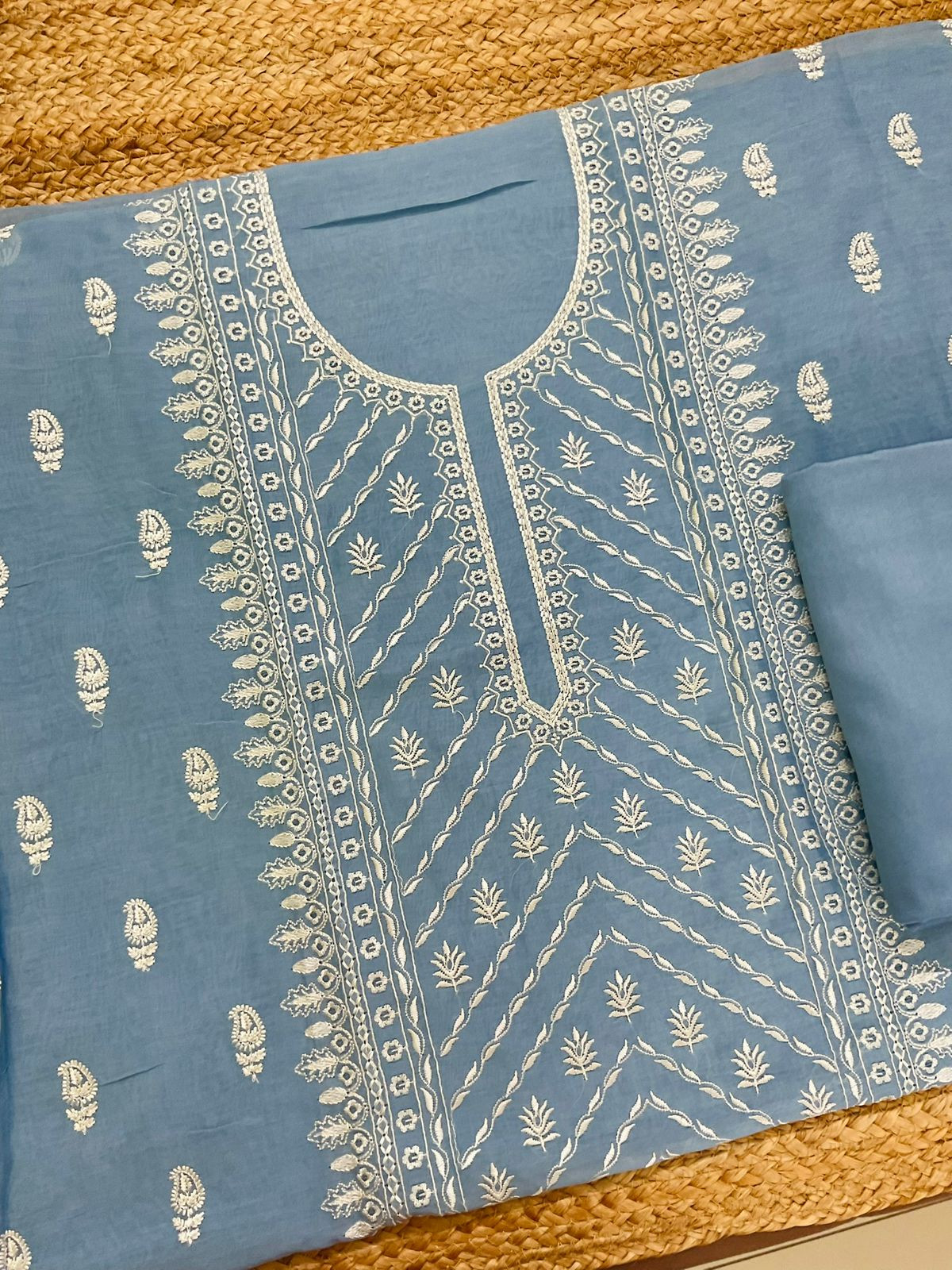 Pure Mul Chanderi Embroidered Suit - Blue