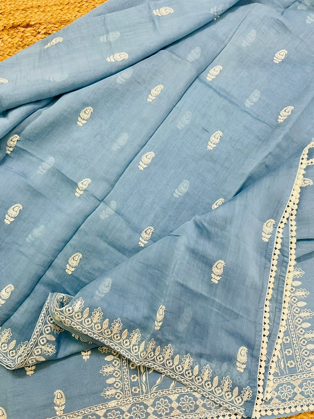 Pure Mul Chanderi Embroidered Suit - Blue