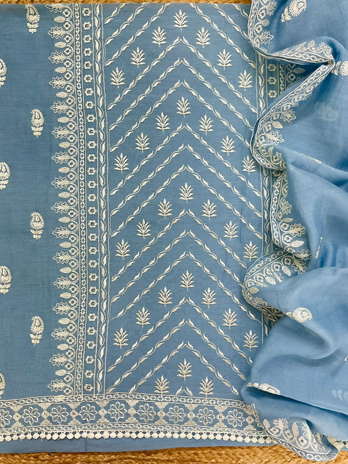 Pure Mul Chanderi Embroidered Suit - Blue