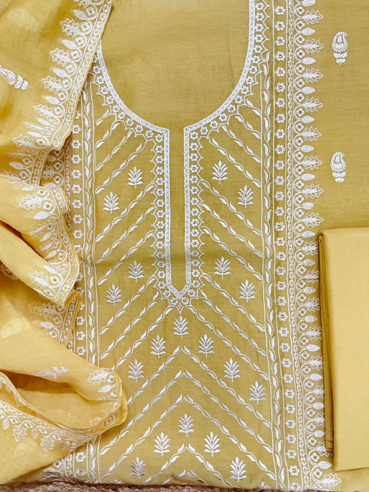 Image of Pure Mul Chanderi Embroidered Suit - Yellow