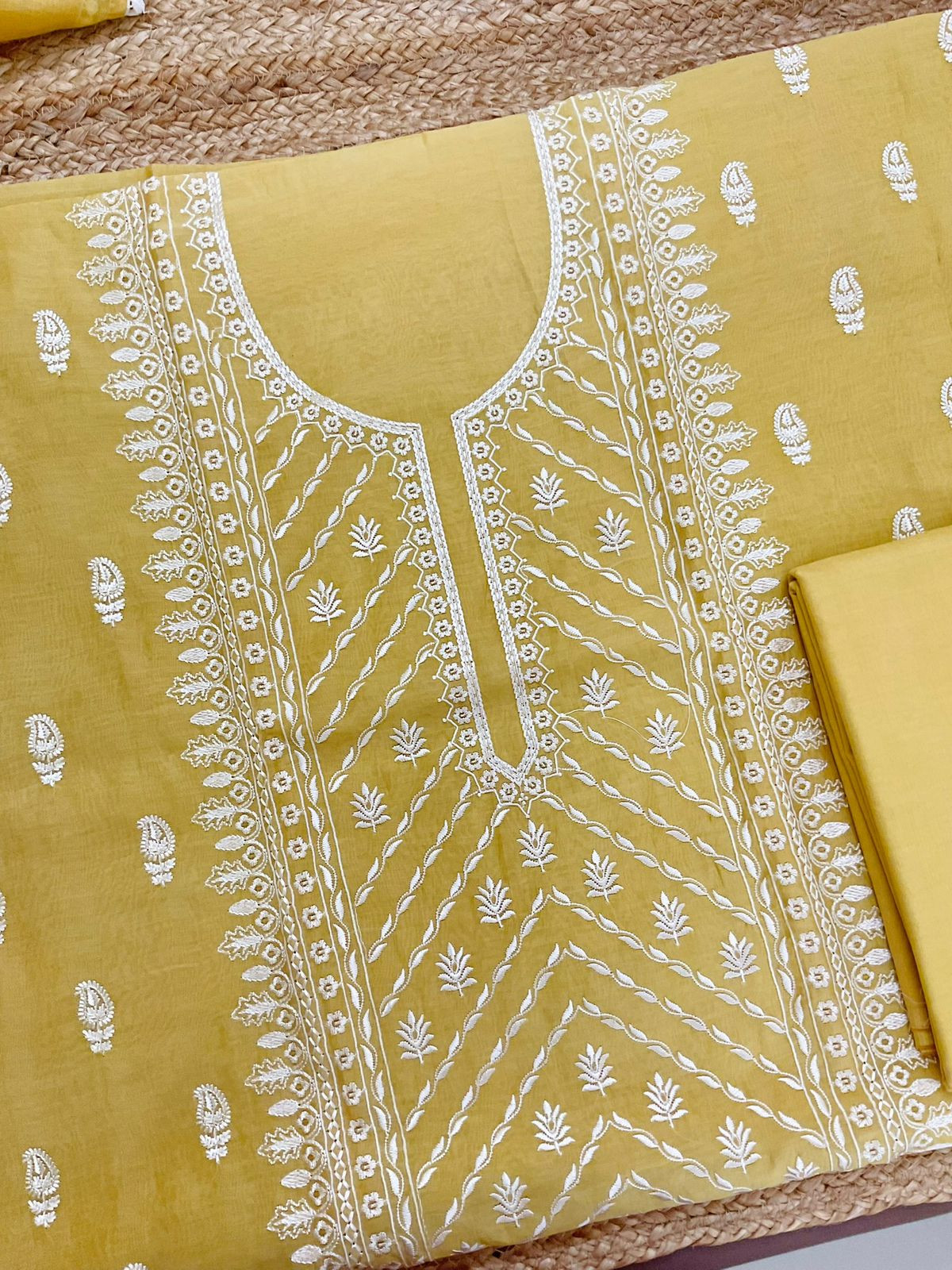 Pure Mul Chanderi Embroidered Suit - Yellow