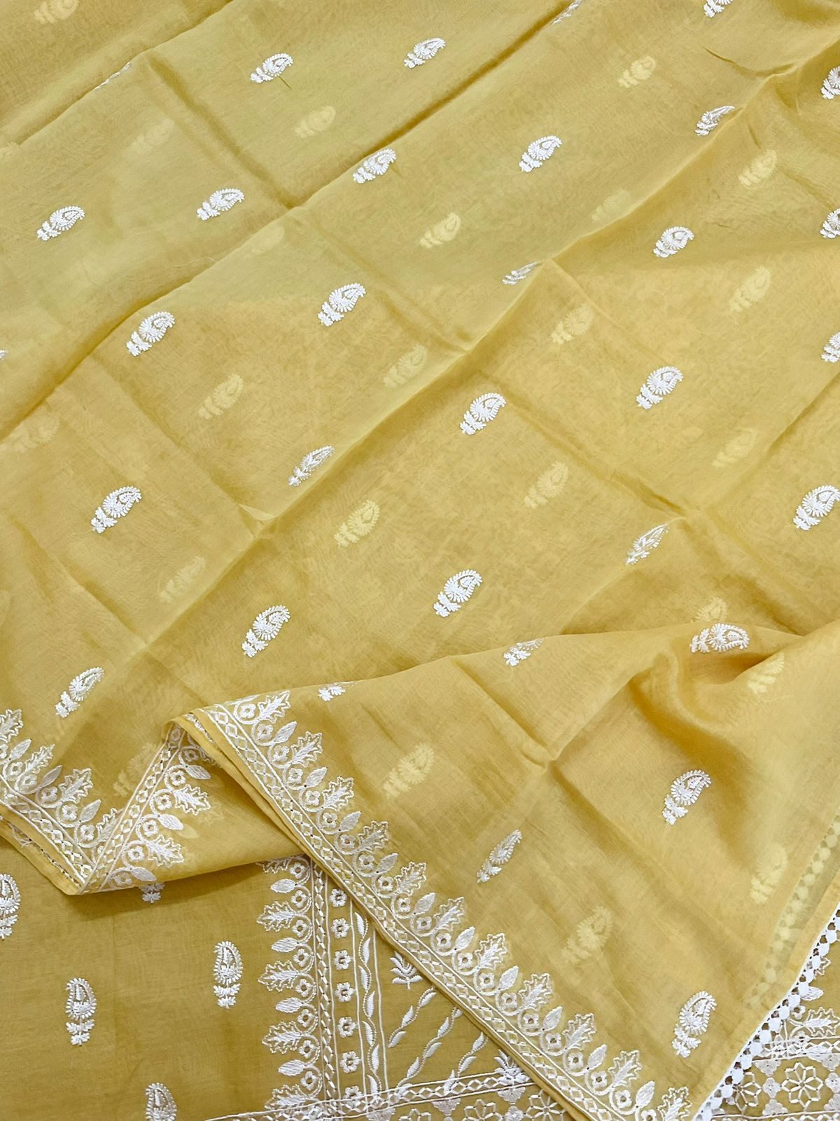 Pure Mul Chanderi Embroidered Suit - Yellow