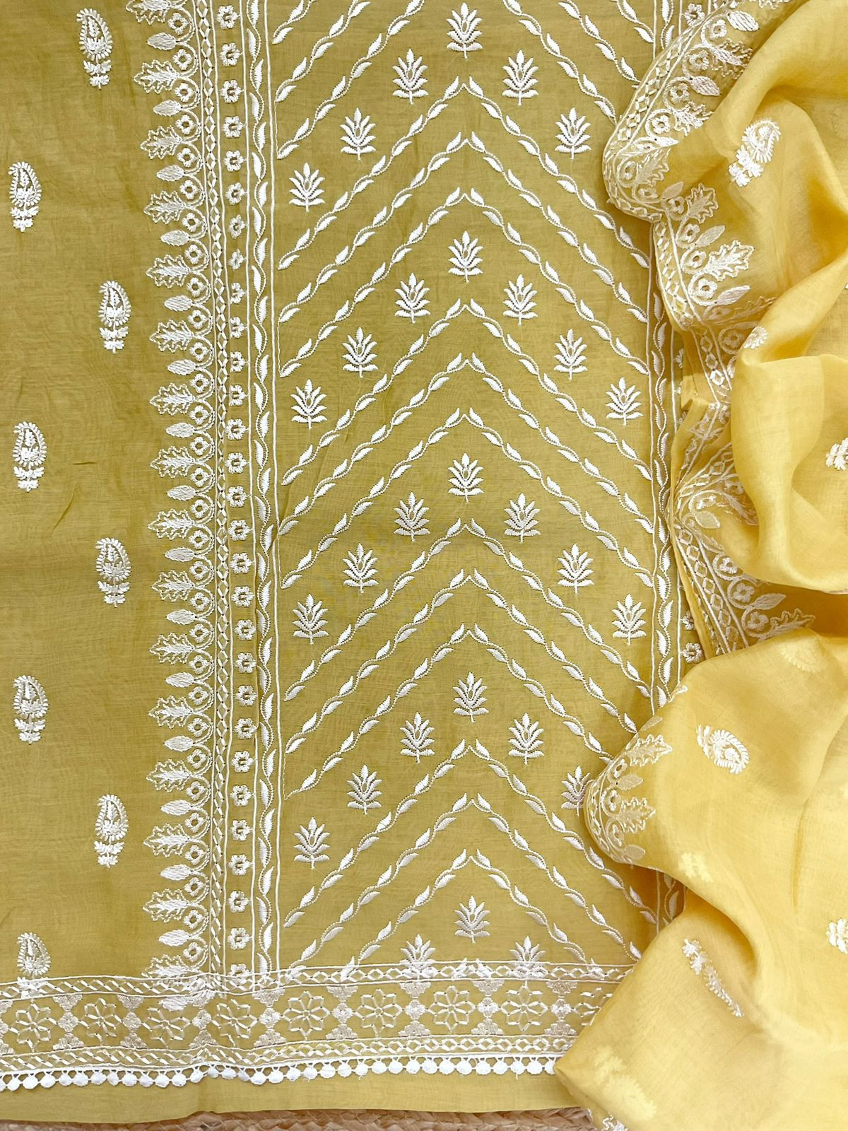 Pure Mul Chanderi Embroidered Suit - Yellow
