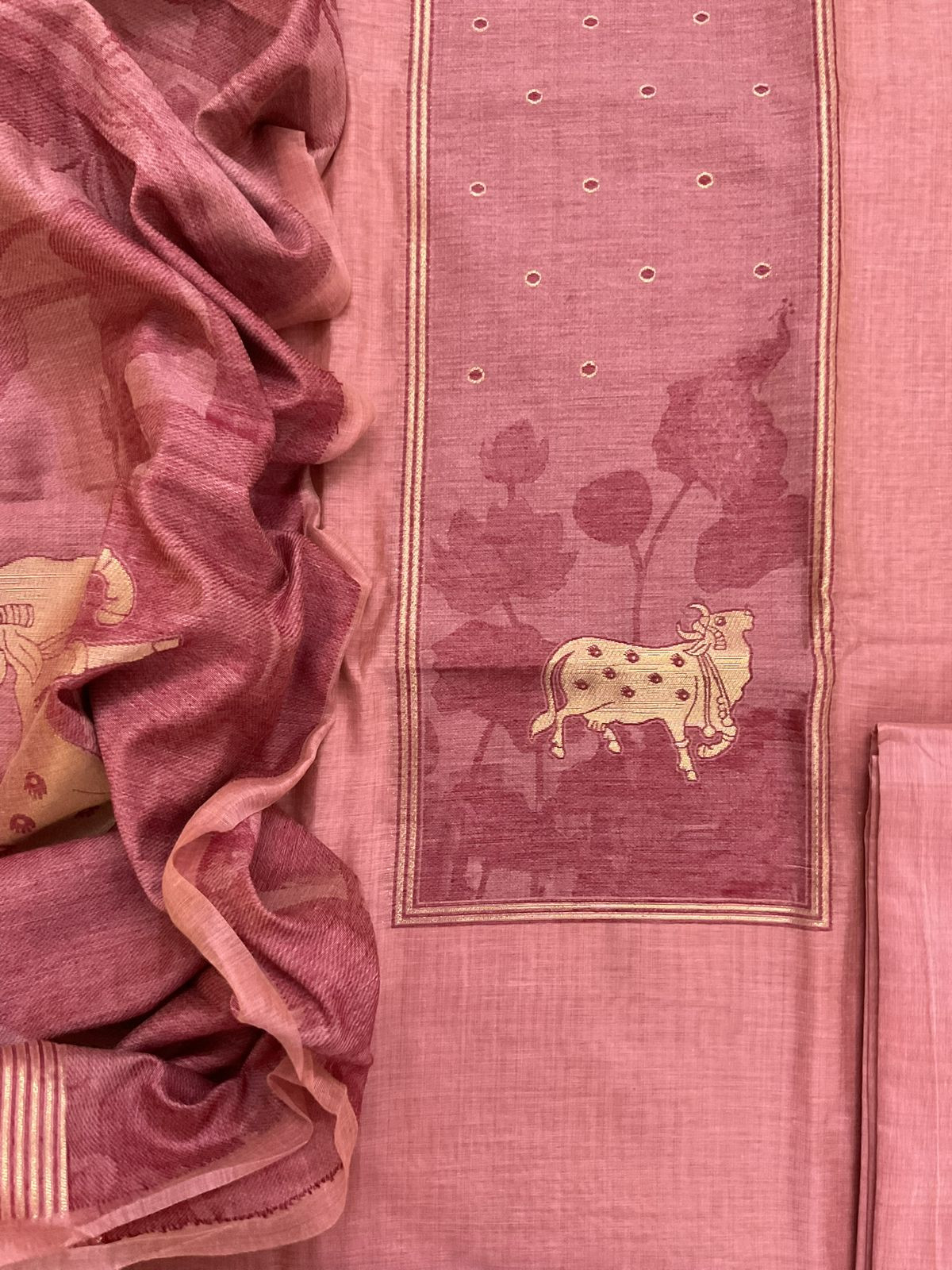 Soft Slub Chanderi Jamdani Weaved Suit - Pink