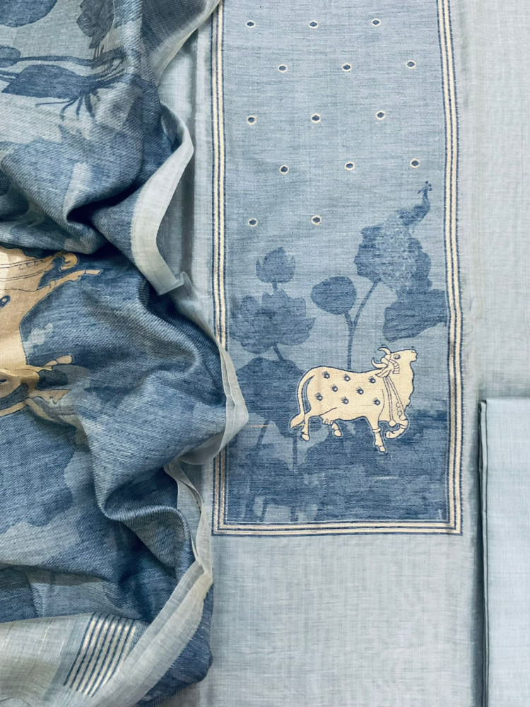 Image of Soft Slub Chanderi Jamdani Weaved Suit - Blue