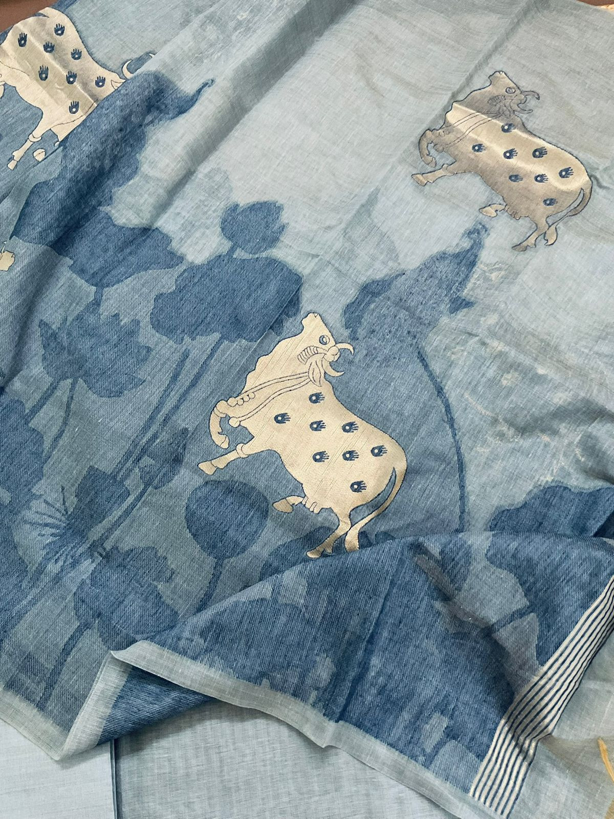 Soft Slub Chanderi Jamdani Weaved Suit - Blue